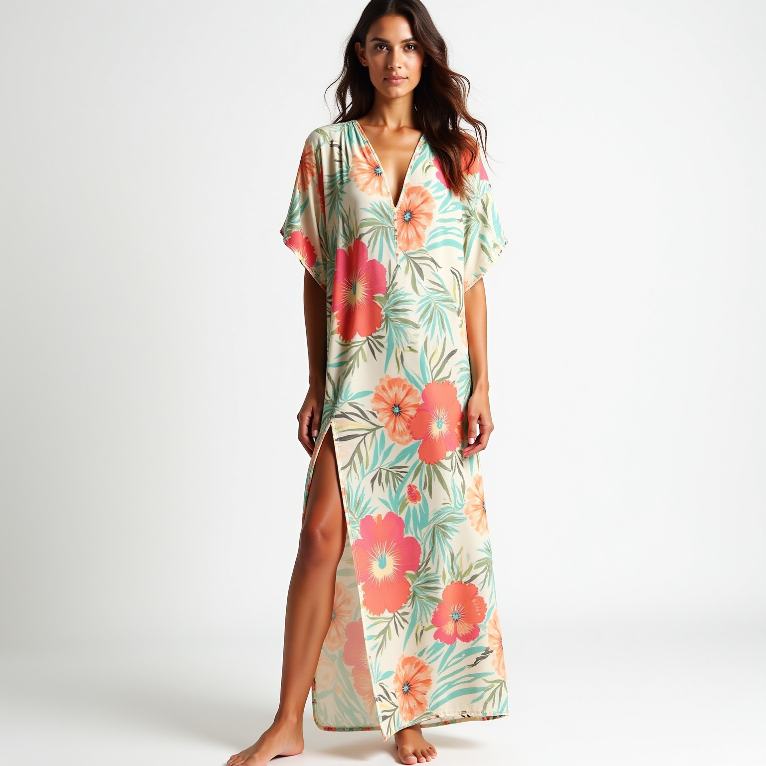 Kaftan Longo Viscose Flores do Mar