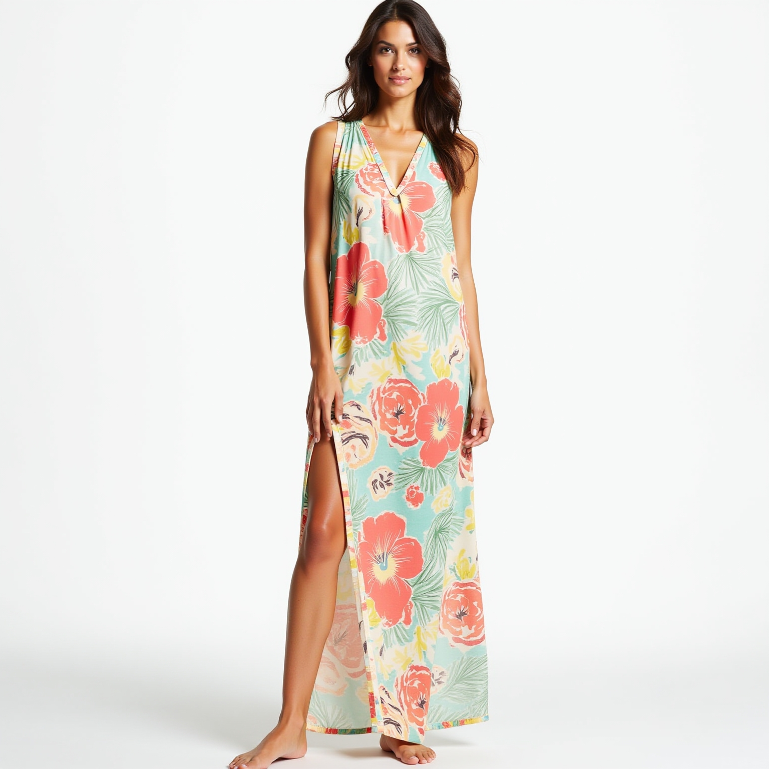 Kaftan Longo Viscose Flores do Mar